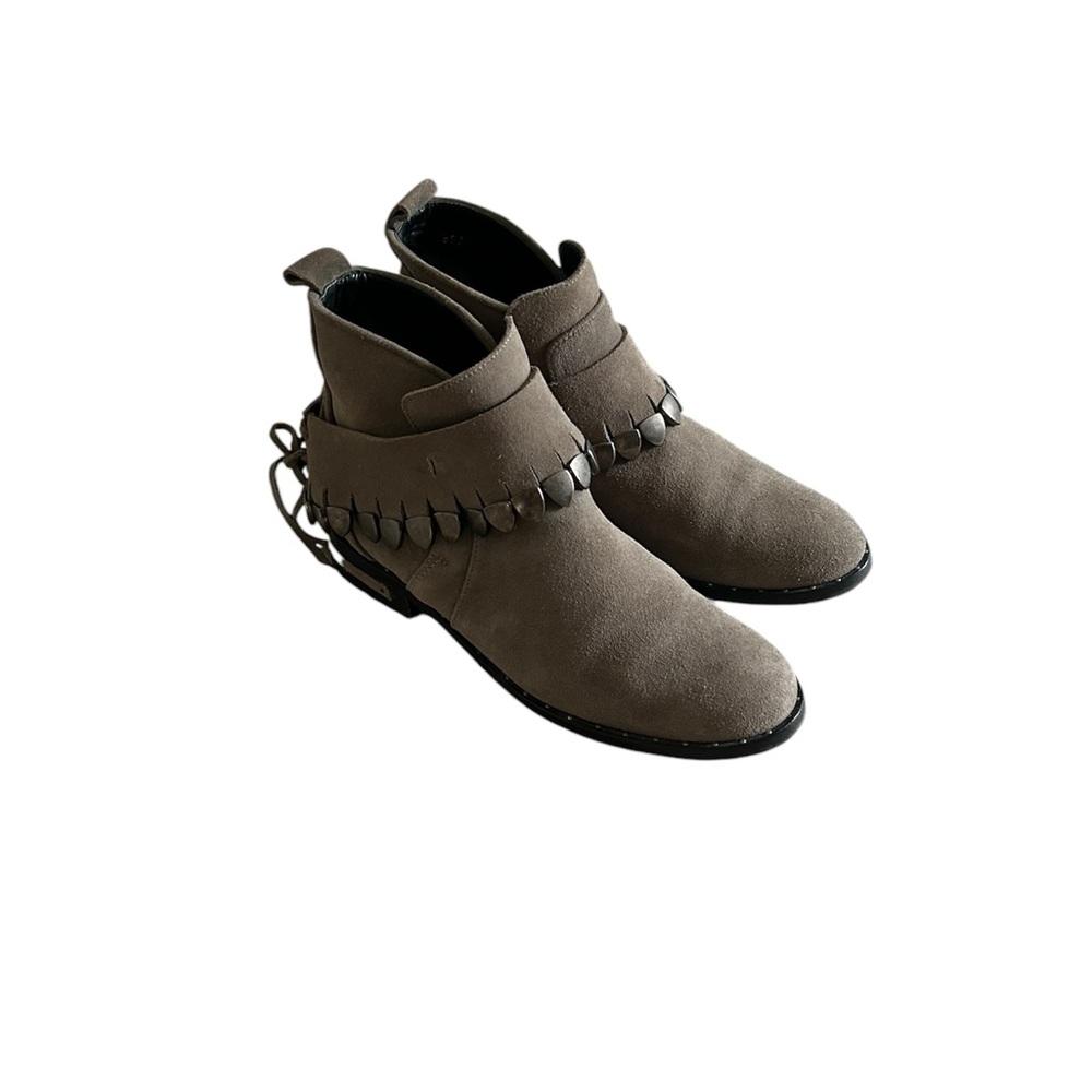 Freda Salvador Fringe Overlay Taupe Jodhpur Suede Ankle Booties